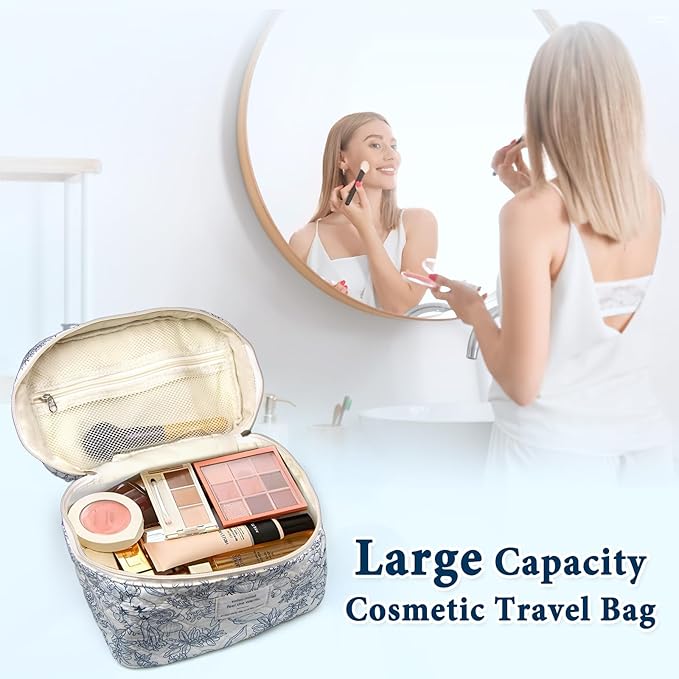 VIWIME Makeup Cosmetic Bag, Large Cotton Quilted Travel Coquette Aesthetic Cute Floral Make up Bag for Women Toiletry Bag Organizer (209 - Lao Lan/4Pcs)