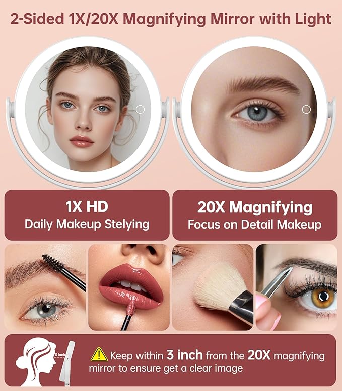 Benbilry 20X Magnifying Mirror with Light, Rechargeable 4000mAh Lighted Makeup Mirror with Magnification, Adjustable Height, 3 Color Modes, 2-Sides Vanity Mirrors for Desk Bathroom Bedroom