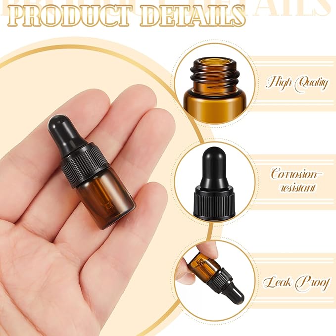 200 Pcs Mini Glass Oil Dropper Bottle Bulk, Clear Essential Small Empty Bottles Sample Containers Perfume Liquid Vials with Cap for Traveling (2 ml,Amber)