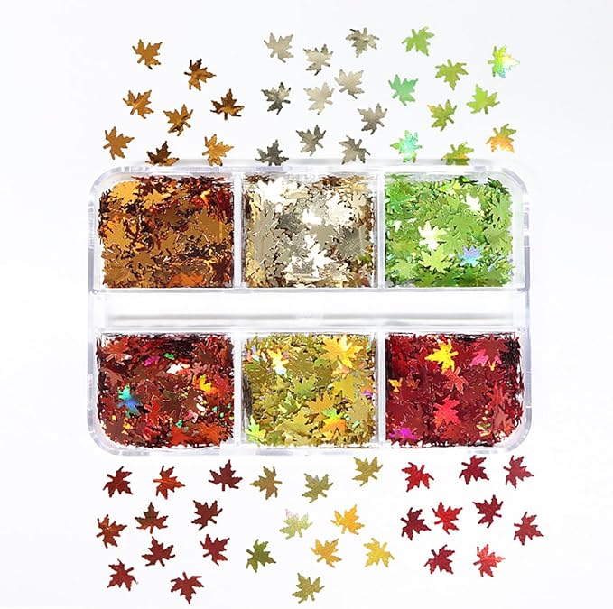 Maple Leaf Nail Art Glitter Sequins 3D Fall & Autumn Maple Leaves Holographic Confetti 6 Colors Laser Leaf Glitter Flakes for Women's Thanksgiving Nails