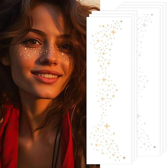 Glitter Freckles Face Tattoo 6 Sheets Face Makeup Patches Gold & Silver Star Fake Freckles Cute Temporary Makeup Accessories for Women Girls Party - Set2
