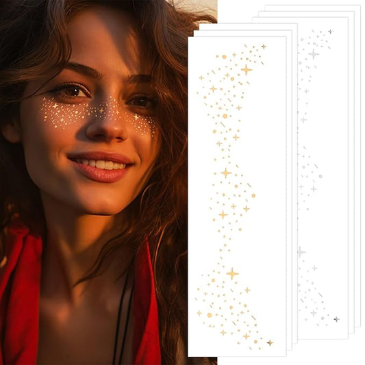 Glitter Freckles Face Tattoo 6 Sheets Face Makeup Patches Gold & Silver Star Fake Freckles Cute Temporary Makeup Accessories for Women Girls Party - Set2