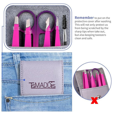 Eyebrow Tweezer Set, TsMADDTs 6 pcs Tweezers Set for Women with Curved Scissor for Ingrown Hair, Hair Plucking Daily Beauty Tools (Pink&Purple)