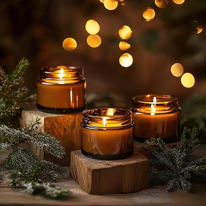 KEYWING 2oz Small Glass Jars with Black Lids, 48 Pack Amber Glass Cosmetic Jars, Round Empty Sample Container with Inner Liners for Lotions, Cream, Powders and Ointments