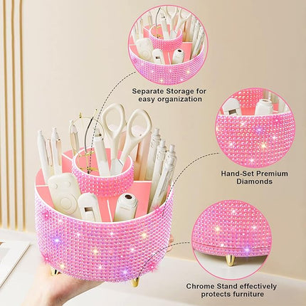 Diesisa Bling Diamond 360° Makeup Brush Holder Organizer, Rotating Makeup Brush Organizer,5 Slot Make up Brushes Cup for Cosmetics, Vanity Desktop Organizer, Gift for Women Teen Girls- Diamond Pink