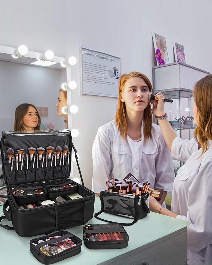 Makeup Backpack Makeup Artist Bag Professional Extra Large Cosmetic Bags Travel Train Case Storage Organizer Double-Layer Cosmetic Case with 4 Pouch and Brush Organizer (Black, two piece)