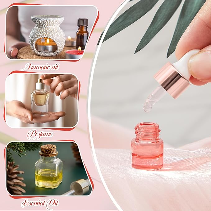 100 Pcs Mini Glass Oil Dropper Bottle Bulk, Clear Essential Small Empty Bottles Sample Containers Perfume Liquid Vials with Cap for Traveling (1 ml,Pink Body)