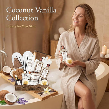 Valentines Day Gifts Bath and Body Gift Basket Set for Women - Coconut Vanilla Gift, Spa Gift Basket 17-Piece Bath Gift Set Self Care Gift for Mothers Day, Fathers Day, Birthday, Christmas Gifts