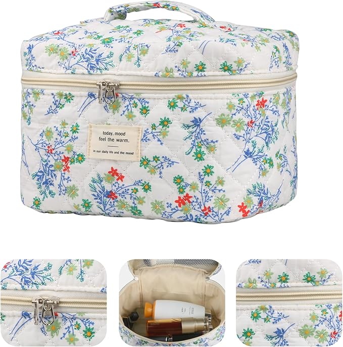 VIWIME Makeup Cosmetic Bag, Large Cotton Quilted Travel Coquette Aesthetic Cute Floral Make up Bag for Women Toiletry Bag Organizer(Red&Green Flower/2Pcs)