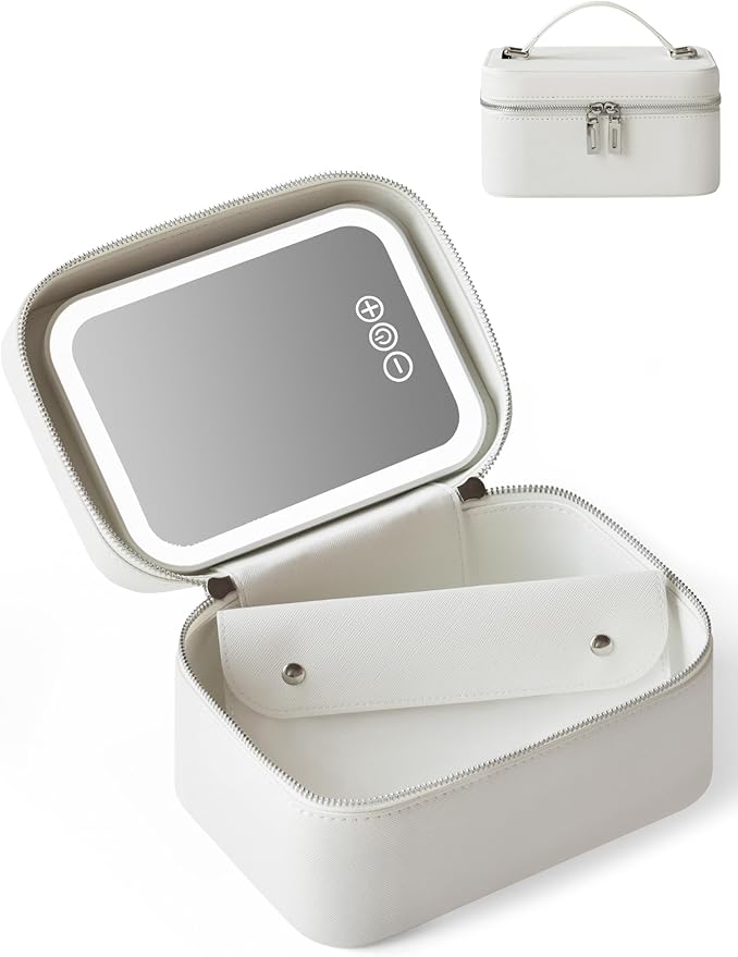 Popvibe Makeup Vanity Bag with Lighted Mirror, Compact Leather Travel Make Up Case with Brush Storage and Handle, White Small Train Case Luxury Cosmetic Case Lighted Up Toiletry Bag for Women, White