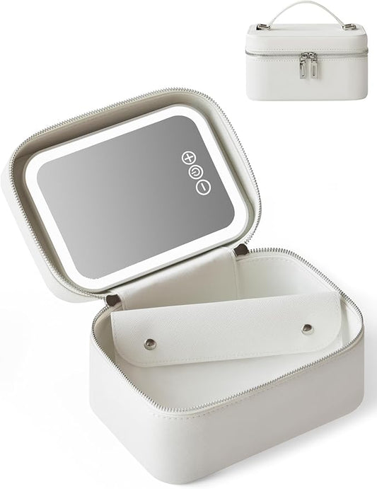 Popvibe Makeup Vanity Bag with Lighted Mirror, Compact Leather Travel Make Up Case with Brush Storage and Handle, White Small Train Case Luxury Cosmetic Case Lighted Up Toiletry Bag for Women, White