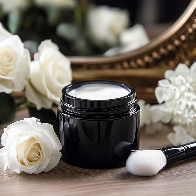 KEYWING 2oz Small Glass Jars, 35 Pack Black Glass Lotion Containers with Black Lids, Round Sample Jars with Inner Liners for Cream, Powders and Ointments