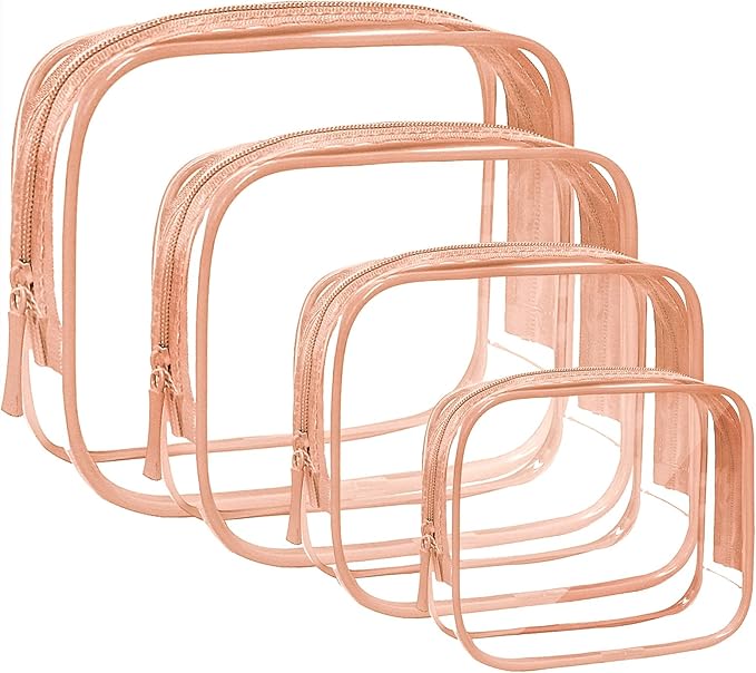 4 Pack Clear Makeup Bags, TSA Approved Toiletry Bag Car Organizer Travel Cosmetic Case Portable Travel Essentials Bags for Toiletries Clear Summer Beach Bag Carry on Airport Airline Compliant Bag