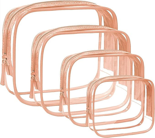 4 Pack Clear Makeup Bags, TSA Approved Toiletry Bag Car Organizer Travel Cosmetic Case Portable Travel Essentials Bags for Toiletries Clear Summer Beach Bag Carry on Airport Airline Compliant Bag