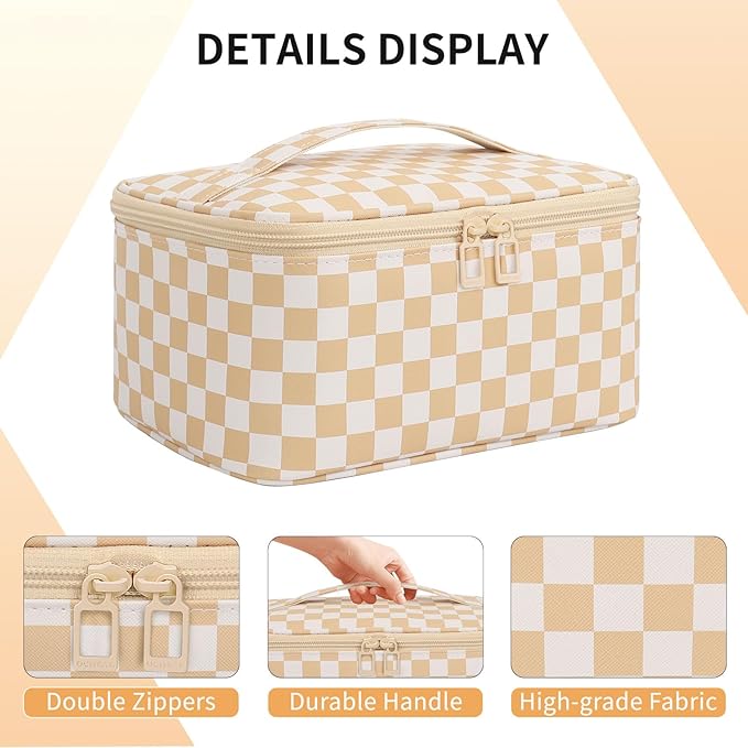 OCHEAL Makeup Bag,Travel Makeup Organizer Case, Large Capacity Cosmetic Bags for Wome Travel Toiletry Bag for Girls Traveling With Brush Slot And Divider-Plaid Beige