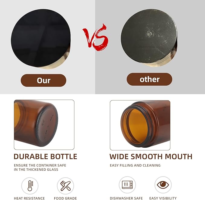 50Pcs 4 oz Glass Jars With Lids, Amber Small Containers With Inner Liners Whit&Premium Glossy Black Caps for Lotins,Powders,Ointments,4oz Sample&Candle Small Making