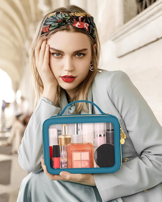 Clear Makeup Bag, Portable Travel Cosmetic Bags, Multipurpose Leather Toiletry Bag with Zipper, Waterproof Transparent Cosmetic Organizer for Women, Medium, Blue