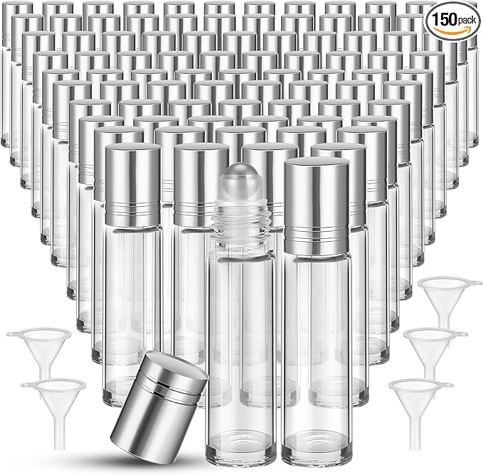 Sumind 150 Pcs Essential Oil Roller Bottles 10 ml Glass Empty Roll on Bottles with Stainless Steel Balls Leak Proof with 5 Funnel for Travel Essential Oil(Silver)