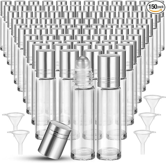 Sumind 150 Pcs Essential Oil Roller Bottles 10 ml Glass Empty Roll on Bottles with Stainless Steel Balls Leak Proof with 5 Funnel for Travel Essential Oil(Silver)