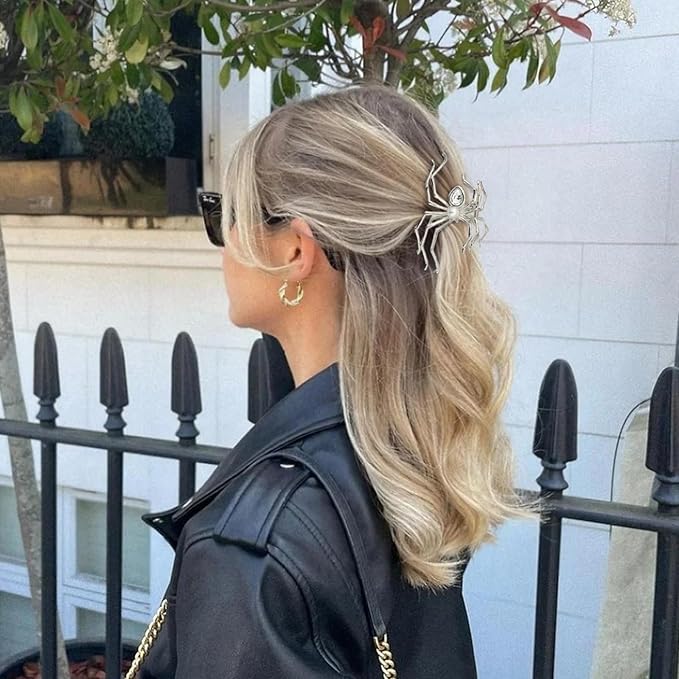 2 Pcs Halloween Hair Claw Clips for Women, Terror Spider Hair Clips, Black & Silver Metal Non-Slip Claw Clips, Gothic Large Hair Claw, Halloween Hair Accessories for Hair Styling, Decorations