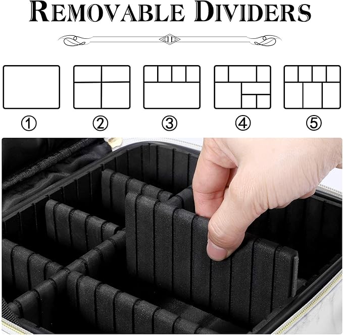 Travel Makeup Bag 10.4 Inches Portable Makeup Train Case Cosmetic Bag Organizer with Adjustable Dividers and Shoulder Strap for Cosmetics Brushes Toiletry Jewelry Digital Accessories (Marble)