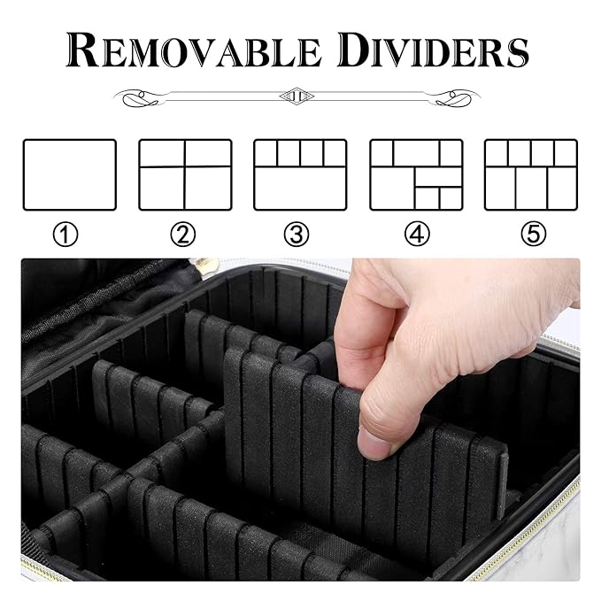 gzcz Travel Makeup Bag 10.2'' Cosmetic Bag Organizer Make up Train Case Portable Brush Artist Storage bag with Adjustable Dividers and shoulder strap for Make up Accessories (Marble White)