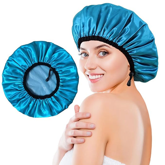 Shower Cap for Women, Large Shower Caps Reusable Waterproof with Elastic Band, Silky Satin Double-layer Bath Cap for Braids Long Hair