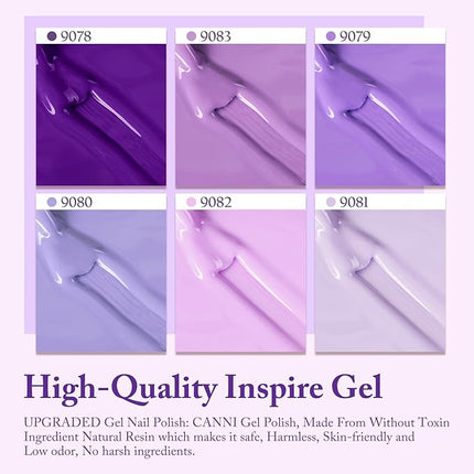 CANNI Purple Gel Nail Polish Set – 6 Colors 9ML Violet, Dark Purple, Lavender, Pastel Pink – Soak Off UV LED Nail Gel Kit for DIY Art, Summer Manicure, Home or Salon Use