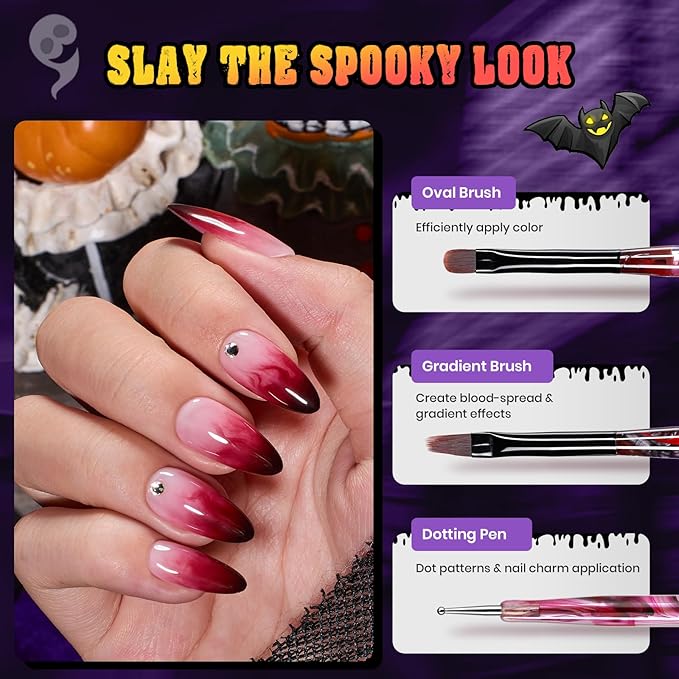 Beetles Halloween Nail Art Brushes, Blood Entwined Nail Art Pens 6pcs with Pumpkin Palette Holder Halloween Charms Manicure Design Dotting Tools Draw Liner Gradient French Brushes DIY Nails Supplies