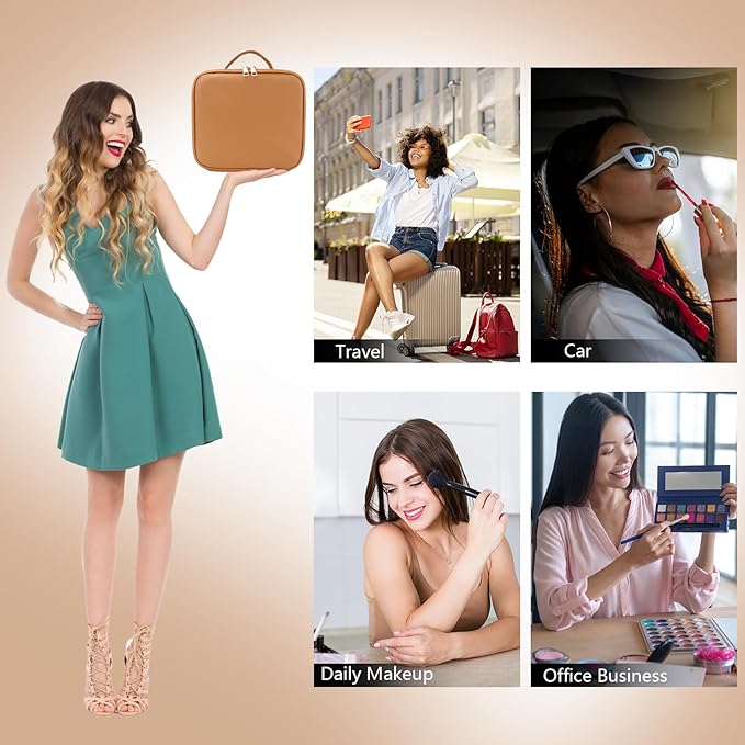 Travel Makeup Bag with LED Mirror Travel Makeup Organizer with 3 Lighted Settings, Adjustable Dividers and Makeup Brush Storage Bag Orange-Brown