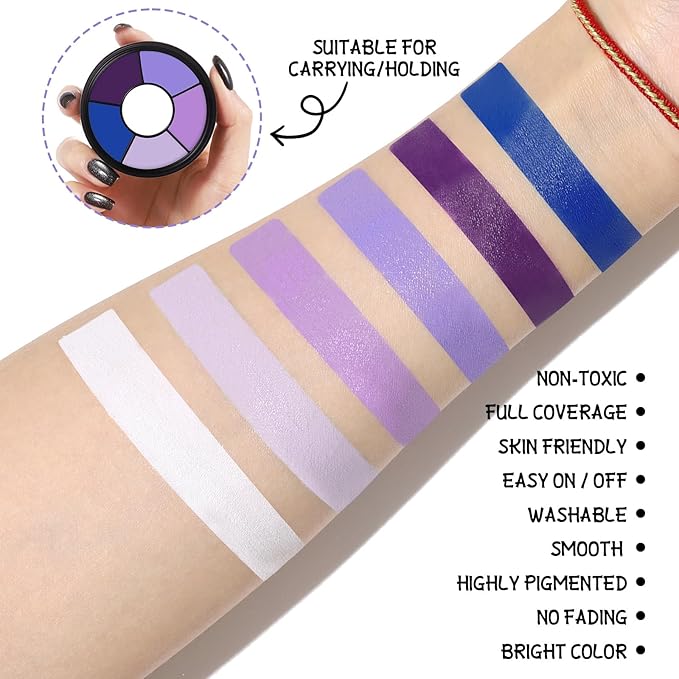 BOBISUKA Purple Face & Body Paint – 6 Colors Cream Washable Face Paint for Ursula Witch Gothic Queen Celebrations Costume & Theme – Easy to Blend, High Pigment & Long Lasting