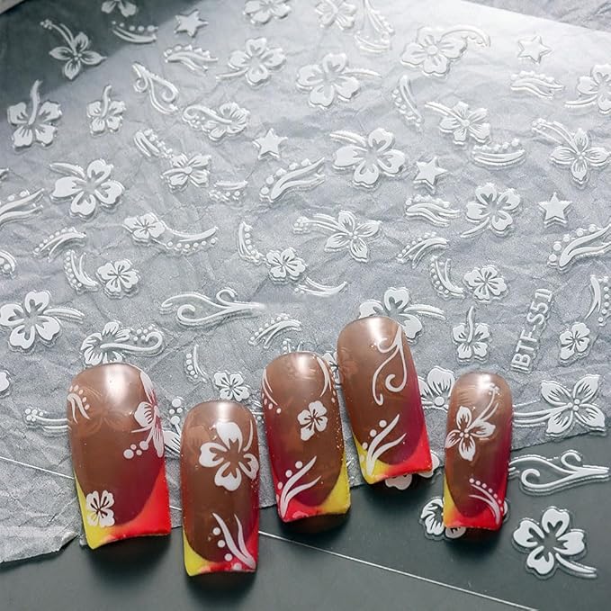 Dornail 8 Sheets 3D Colorful Flower Nail Stickers,Hollow White Hibiscus Flowers Nail Art Stickers Blooming Pink Hibiscus Floral Leaf Nail Decals for Women DIY Nail Art Supplies Nail Designs Nail Decor