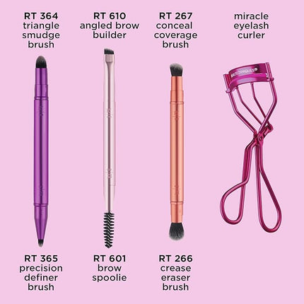 Real Techniques Double Time Brush + Lash 4 Piece Set, Dual-Ended Eye Makeup Brushes For Eyeshadow & Brows, Travel-Friendly Brush Caps For Storage, Eyelash Curler Included, Cruelty-Free