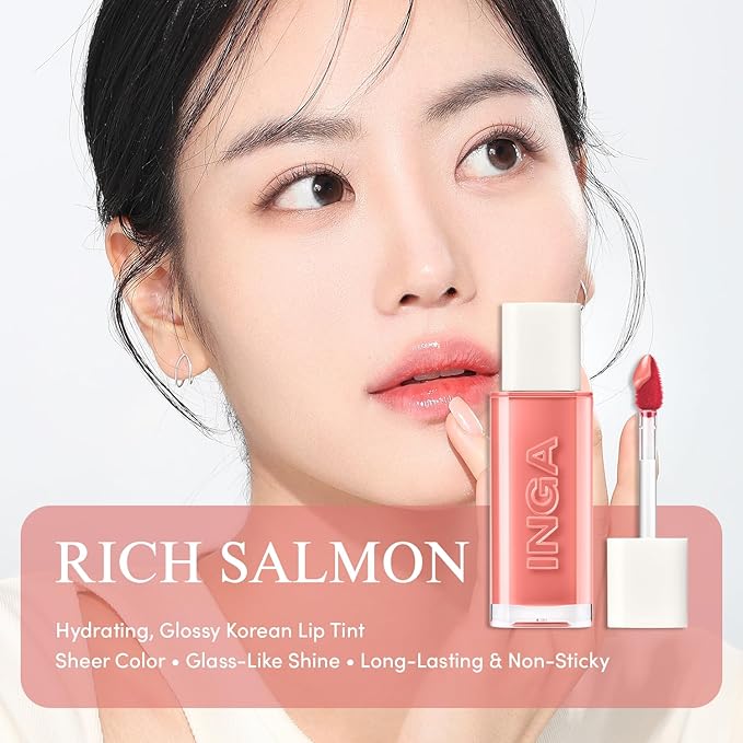 INGA Water Glow Lip Tint | Hydrating, Glossy Korean Lip Tint with Sheer Color & Glass-Like Shine | Long-Lasting, Non-Sticky Korean Lip Stain (RICH SALMON)
