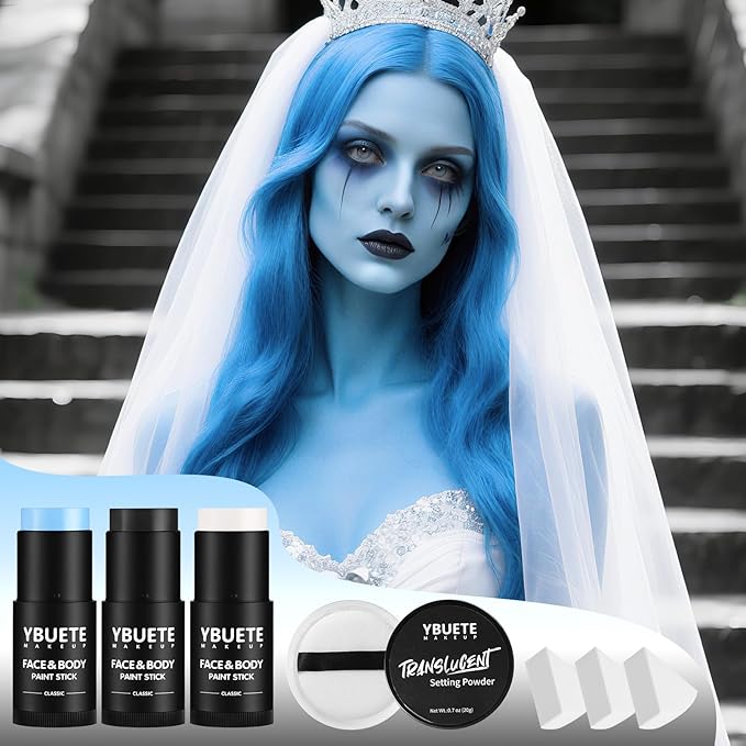 Black White Light Blue Face Body Paint Stick Set with Translucent Setting Powder and Sponges, Professional Full Coverage Face Painting for Adult Halloween Cosplay SFX Corpse Bride Skull Makeup