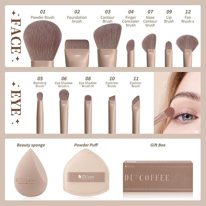 DUcare Makeup Brushes Set 12Pcs Coffee Series Makeup Brush set with Makeup Sponges Gifts Foundation Blending Face Powder Blush Eye Shadows Brushes