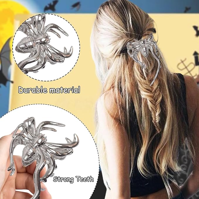 3 Pcs Halloween Claw Clips for Women, Gothic Hair Claws Silver Metal Spider Big Jaw Clamps Hair Accessories for thick Hair Styling Tool Holiday Gifts(Silver)