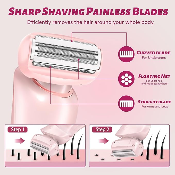 2 in 1 Electric Shaver for Women Wet Dry Dual Use IPX7 Waterproof with LED Display USB Recharge Dock Dry Use Body Hair Trimmer and Facial Hair Remover for Bikini Underarm Leg Arm Face (Pink)