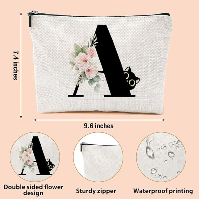 Floral Cat Initial Makeup Bag, Personalized Skin Care Bag, Travel Organizer Toiletry Bags for Women Mom Friends, Cosmetic Bags Makeup Pouch with Zipper, Letter A