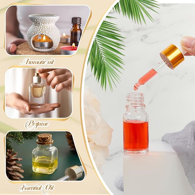 100 Pcs Mini Glass Oil Dropper Bottle Bulk, Clear Essential Small Empty Bottles Sample Containers Perfume Liquid Vials with Cap for Traveling (10 ml,Gold)