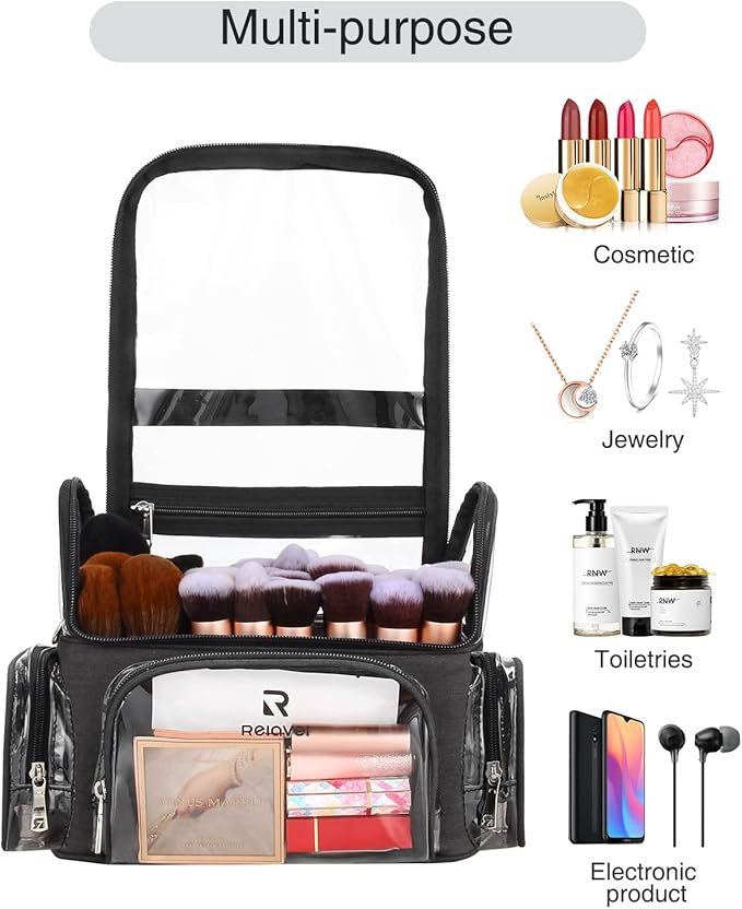 Relavel Extra Large Makeup Case and Makeup Brush Holder Bag, Professional Makeup Organizer, Large Capacity with Adjustable Dividers and Shoulder Strap (Black)