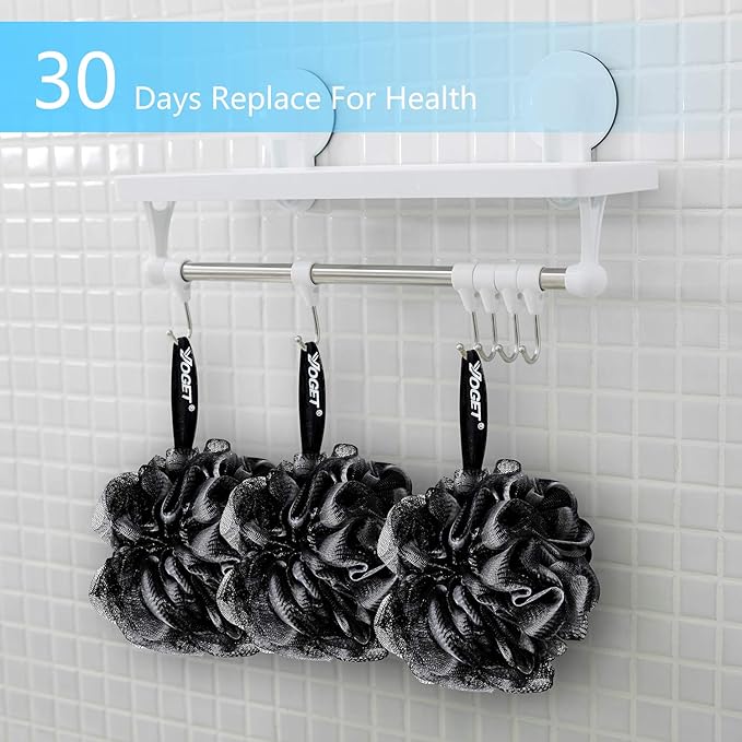 Yoget Bath Loofah Sponge, 4 Pack Black 60G Shower Mesh Ball Soft Pouf Body Scrubber, Exfoliate, Cleanse, Soothe Skin, Black Loofah with White Trim