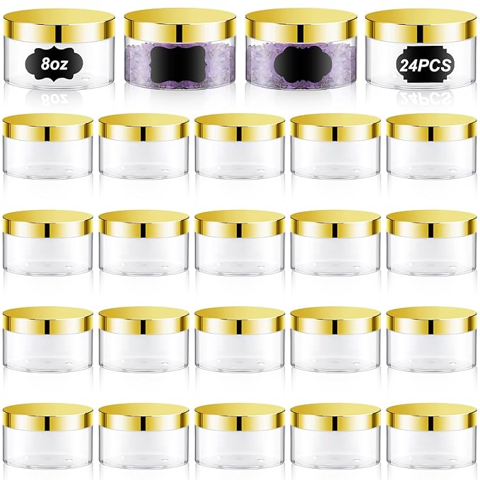 Dandat 24 Pcs 8 oz Plastic Jar Container with Lid and Label Refillable Empty Round Clear with Gold PET Cosmetic Sample Containers for Lotion, Cream, Ointments, Body Butter, Makeup, Travel Storage