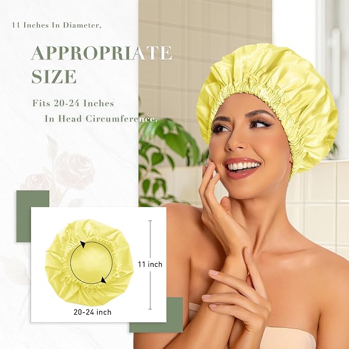 Reusable Shower Cap for Women, Large Waterproof Shower Bonnet Washable Elastic Band Bath Accessories Hair Hat for Long Hair, Braids(Bright Yellow)