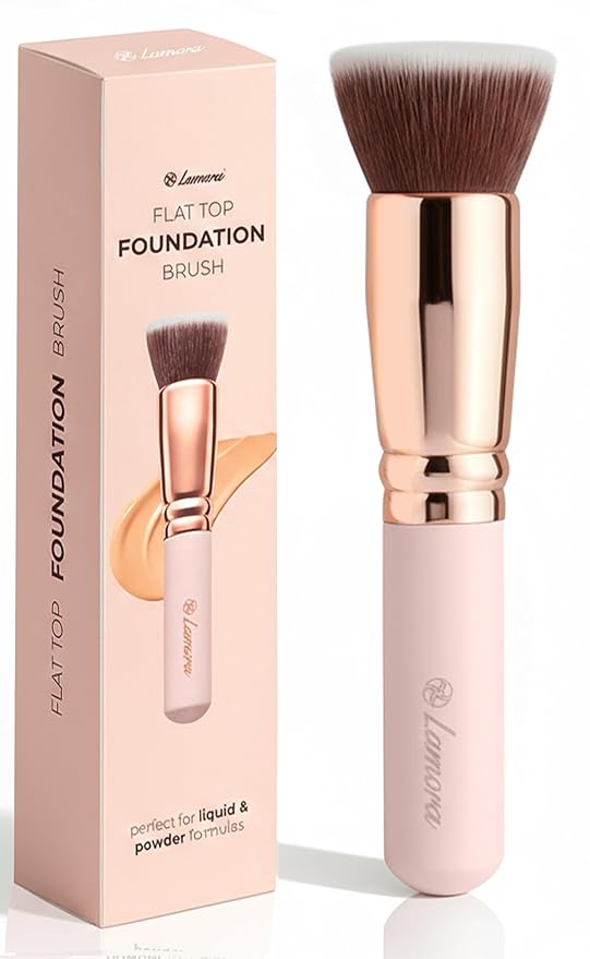 Lamora Makeup Brush Foundation Kabuki - Flat Top Face Brush for Liquid, Cream, and Powder Cosmetics - Full Coverage Blending, Buffing, Stippling, Contouring