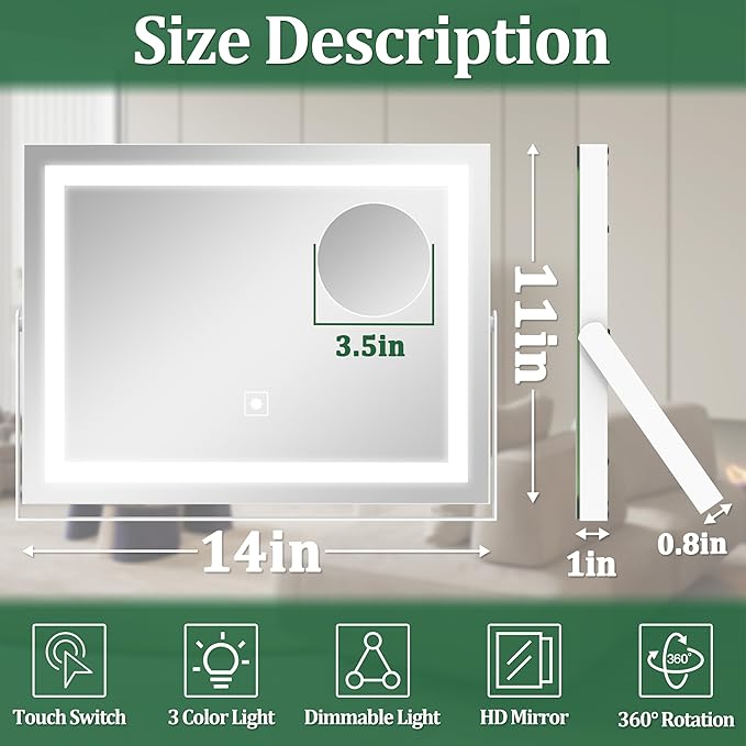 Vanity Mirror with Lights, 14" x 11" LED Makeup Mirror, 3 Modes Light, Smart Touch Control Dimmable, 10X Magnification, 360°Rotation, Square Corner Rectangle, White