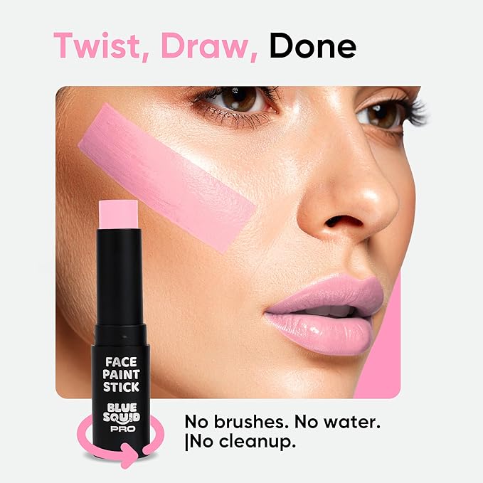 Blue Squid PRO Pastel Pink Face Paint Stick - Waterproof Body Paint for Adults & Kids Pink Eye Black Baseball, Eyeblack Softball -Hypoallergenic TwistUp NonToxic Makeup Stick for Cosplay, Sports & SFX