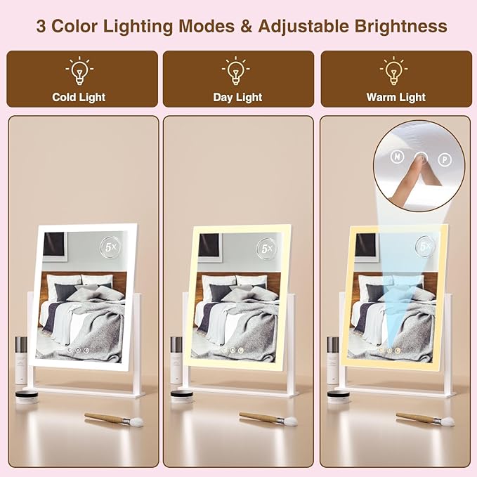 Lighted Makeup Mirror, Hollywood Vanity Mirror with 5X Magnification Mirror, 360°Rotation Touch Control, 3 Color Lighting for Desks Bedroom Dressing Room, Large
