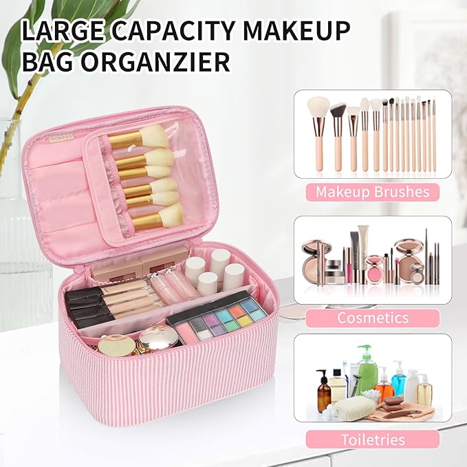 OCHEAL Makeup Bag for Women - Travel Cosmetic Organizer with Brush Slot & Divider, Large Capacity Toiletry Bag for Girls, Travel Makeup Case for everyday Make up Accessories -Pink stripes