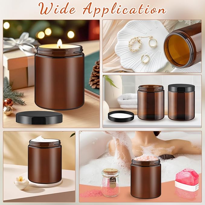 8 Pcs Amber Glass Cream Jar Refillable Empty Cosmetic Storage Bottle Sample Container Pot with Black Lids for Make Up Lotion Face Cream - 270ml/9oz